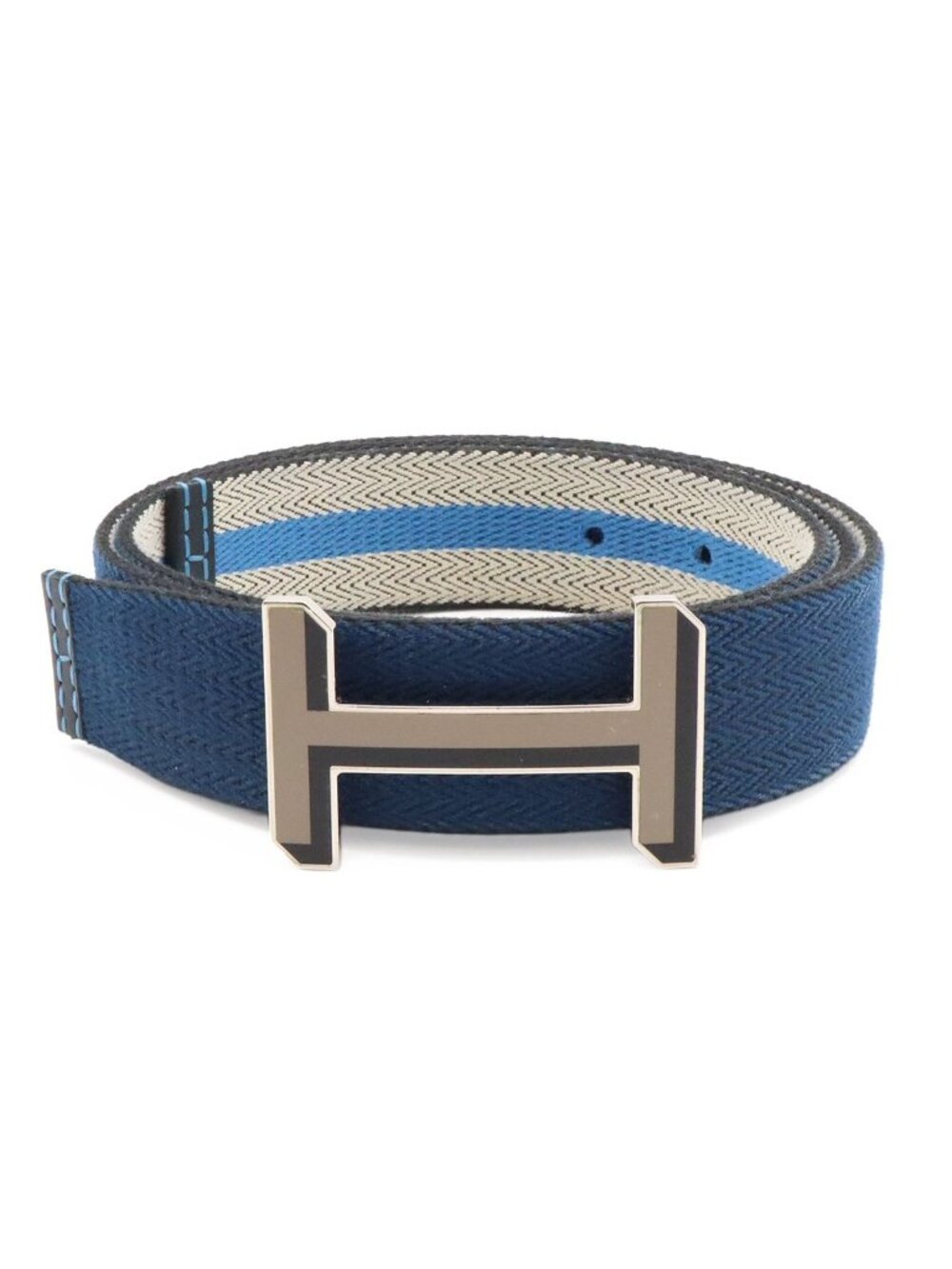 Hermes H Buckle Reversible Belt Stripe Canvas Leather Navy Light Gray Blue